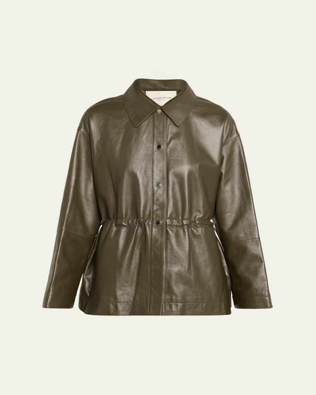 Drawstring Lambskin Leather Shirt Jacket